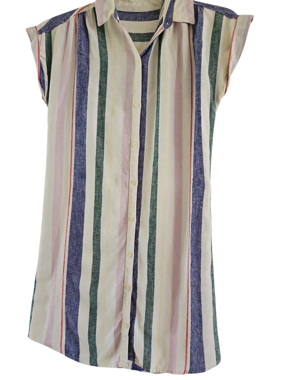 Linen Blend Shirt Dress S Mukti Stripe Cap Sleeves Button Front Attached Slip
